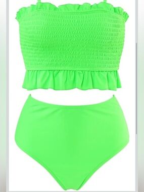 Girls Neon Green Ruffle Smocked Two-Piece Swimsuit - NO STRAPS